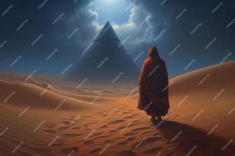 Premium AI Image | A desert scene with a pyramid in the background.