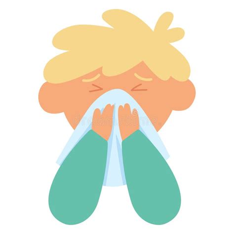 A Sick Child Blows His Nose into a Handkerchief, Suffering from the Flu or Allergy Stock ...