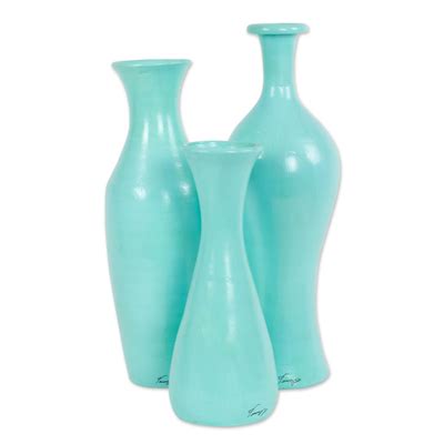 Set of 3 Decorative Ceramic Vases Crafted by Hand in Mexico - Mint Drops | NOVICA