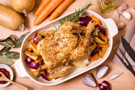 Premium Photo | Top view of thanksgiving table with roasted chicken dish