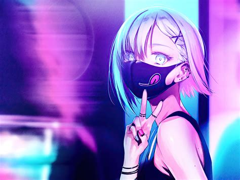 1600x1200 Anime Girl City Lights Neon Face Mask 4k Wallpaper,1600x1200 ...