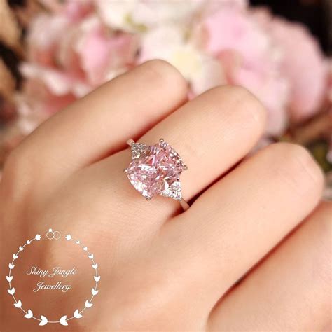 Pink Diamond Ring, 3 Stone Style Engagement Ring, 3 Carats Cushion Cut ...