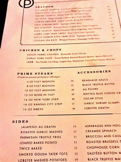 Menu at Ocean Prime steakhouse, Orlando