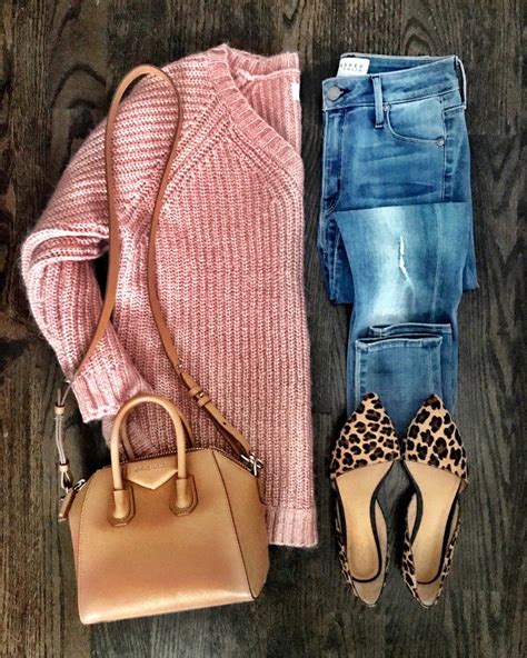 Blush pink sweater and denim jeans outfit leopard flats outfit casual ...