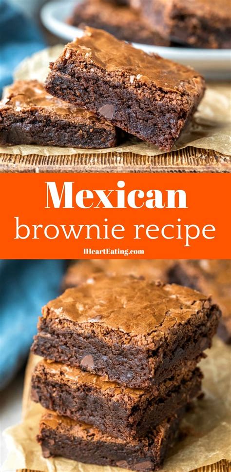 mexican brownie recipe with chocolate frosting stacked on top of each other and text overlay