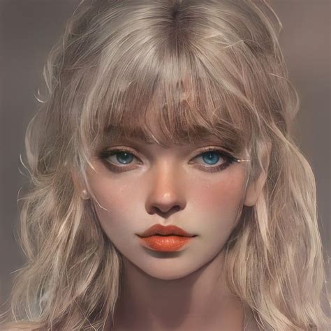 a digital painting of a woman with blonde hair and blue eyes wearing orange lipstick on her lips