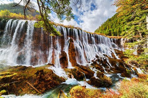 Photos Jiuzhaigou park China Rock Autumn Nature Waterfalls Parks