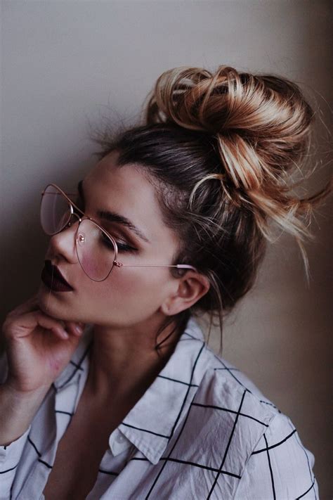 Messy Bun Hairstyle Glasses Dark Lip Makeup Hair Styles In 2019 # ...