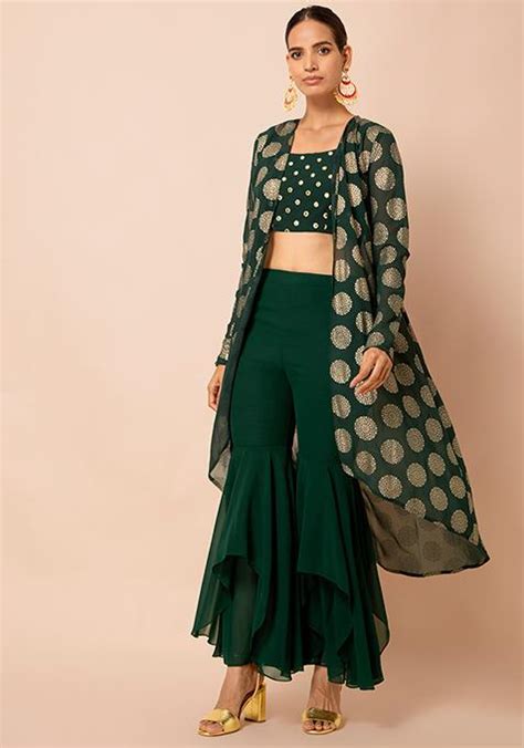 Buy Women Green Frilled Layered Sharara Pants - RTW - Indya | Canada