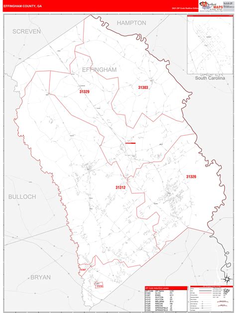 Effingham County, GA Zip Code Wall Map Red Line Style by MarketMAPS - MapSales