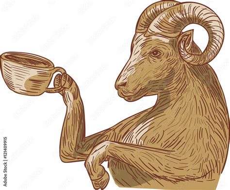 Ram Goat Drinking Coffee Drawing Stock Vector | Adobe Stock