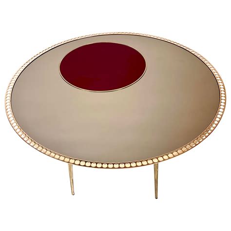 Late 20th Century Brass w/ Bronzed Mirror and Red Opaline Glass Round Coffee Table For Sale at ...