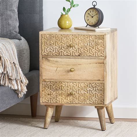 Lytle Boho Handcrafted Mango Wood 3 Drawer Nightstand, Natural by Noble House