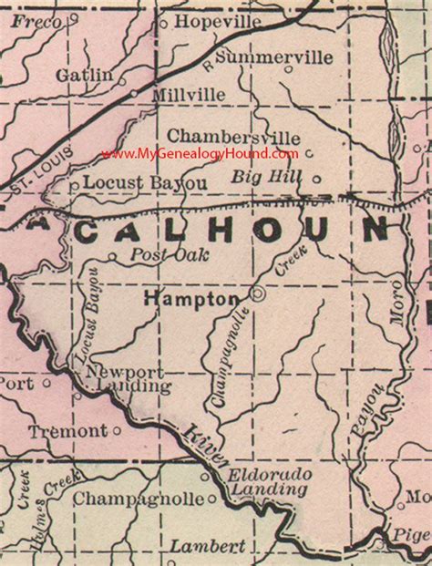 Calhoun County, Arkansas Map 1889 Hampton, Hopeville, Summerville, Chambersville, Locust Bayou ...