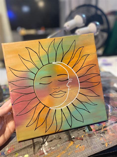 Celestial Sun and Moon Canvas Painting Boho Art Rainbow Sky | Etsy