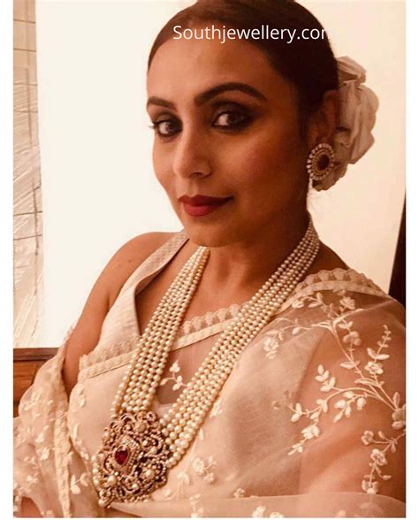 Rani Mukerji in a five line south sea pearl long necklace with diamond ruby pendant paired with ...