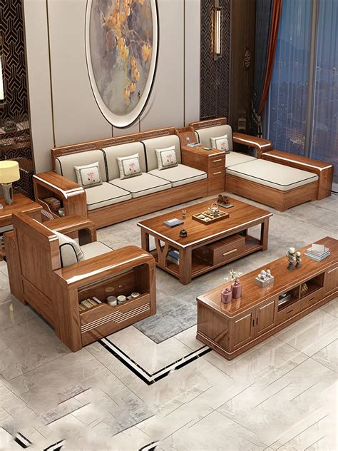 Walnut-wood-solid-wood-sofa-storage-large-family-living-room-combined ...