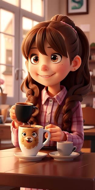 Premium AI Image | a girl with a cup of coffee and a cartoon character AI Generated