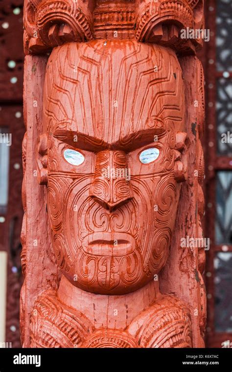New Zealand, North Island, Rotorua, Ohinemutu, Maori village, sculptures on Marae, meeting house ...