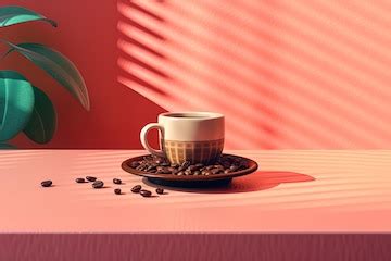 Premium Photo | Coffee cup coffee beans on the table plants with green leaves and background ...