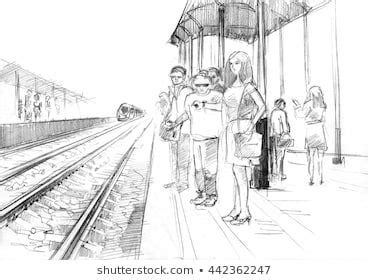 Pencil drawing of a railway station with passengers, waiting train | Train drawing, Perspective ...