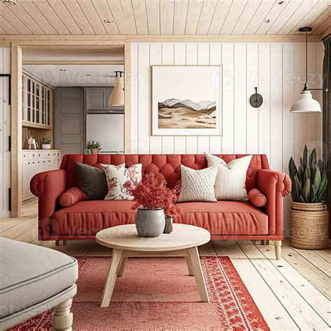 Cozy living room with red sofa in scandinavian style modern interior ...