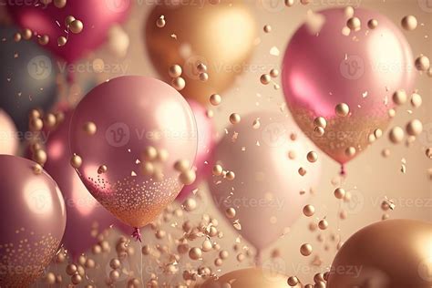 Holiday greeting background with pink and gold balloons blurred ...