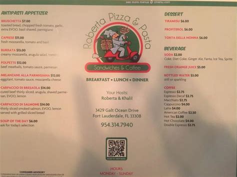 Online Menu of Roberta Pizza & Pasta Restaurant, Fort Lauderdale ...