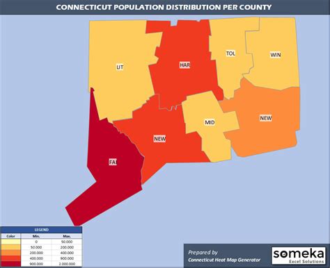 Connecticut County Map and Population List in Excel