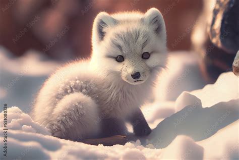 Baby Arctic fox (Vulpes Lagopus) in snow habitat, winter landscape ...