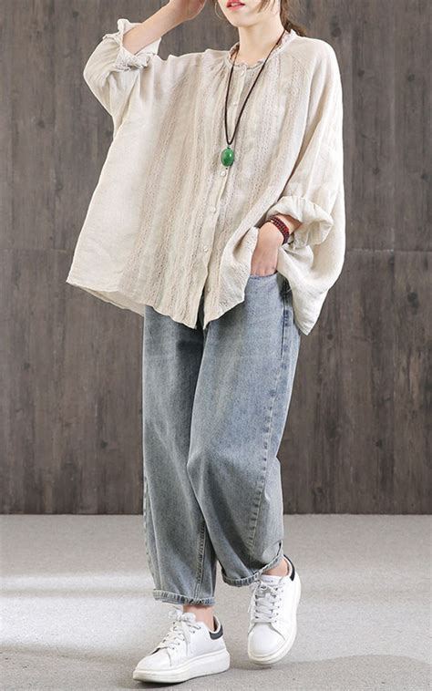 Plus Size - Buykud 100% Linen Stripe Hand-Made Loose Shirt | Loose shirt outfit, Loose shirts ...