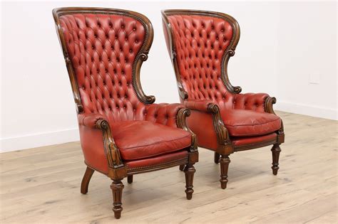 Pair of Georgian Antique Tufted Red Leather Wingback Chairs