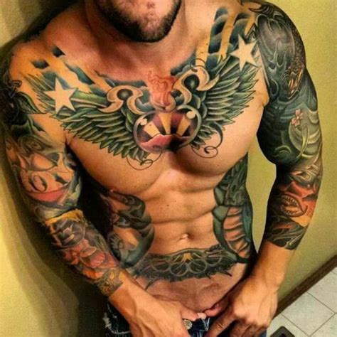 an image of a man with tattoos on his chest