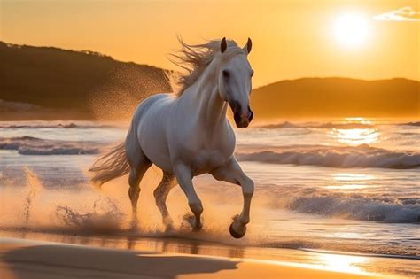 Premium Photo | White horse running on the beach at sunset