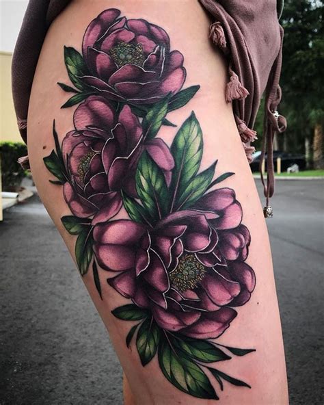 Purple neo-traditional flower leg tattoo by Squire Strahan (@squirestrahan) from Tampa, Florida ...