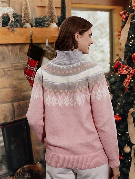 Women's Christmas Sweaters Stand Collar Ribbed Knit Polyester Knitted ...