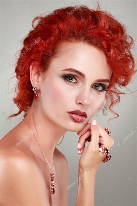 Red hair. Fashion girl portrait.Accessorys. Grey background - Stock Phot , #spon, #girl, # ...