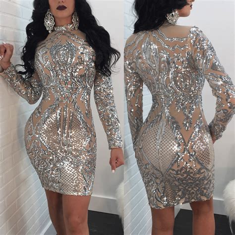 Sexy Sequined Long Sleeve Dress Nightclub Womens Sexy Long Sleeved ...