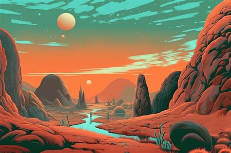 Premium AI Image | A digital illustration of a sunset with a river and mountains in the background.