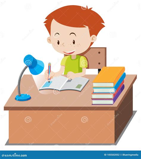 Little Boy Doing Homework on Table Stock Vector - Illustration of youth ...