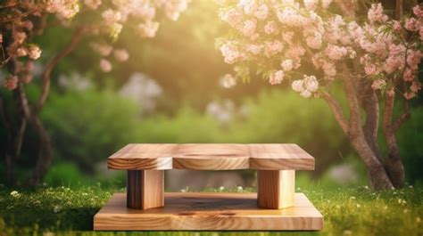 Premium AI Image | A wooden bench in a garden with pink flowers in the background.