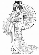 Beautiful Geisha And Fan  Japan Coloring Pages For Adults sketch template