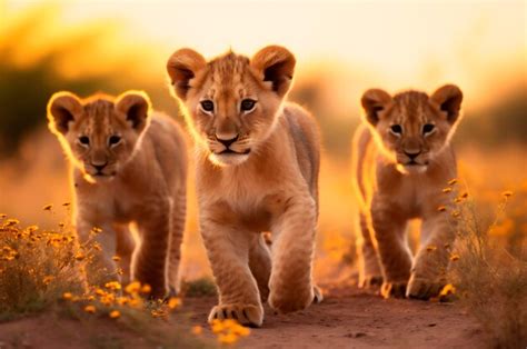 Premium AI Image | Lion cubs in the African savannah during the golden ...