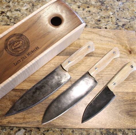 Custom hand forged chef knife set with handmade walnut and maple presentation / storage box. The ...