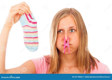 Woman With Dirty Sock Holding Her Nose Royalty-Free Stock Photography ...