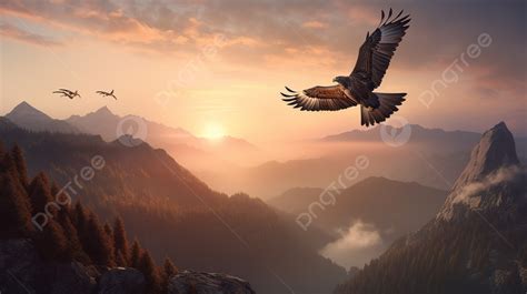 An Eagle Flying Over Mountain Scenery At Sunset Background, Fly High Picture, High, Flying ...