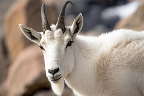 Premium AI Image | A mountain goat with horns stands in front of rocks ...