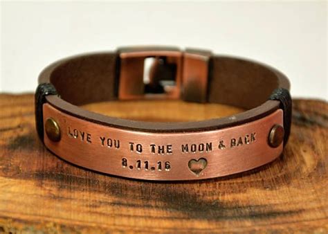 Copper Engraved Men's Cuff Leather Bracelet, Men Personalized Custom Gift, Hand Stamped Copper ...