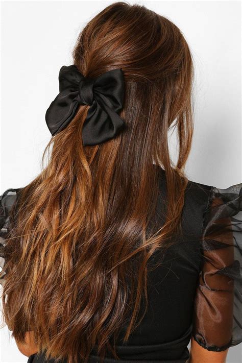 Large Satin Bow | boohoo in 2020 | Warm brunette hair color, Bow hairstyle, Aesthetic hair