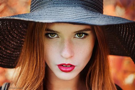 1920x1080px | free download | HD wallpaper: women, hat, face, portrait, freckles, red lipstick ...